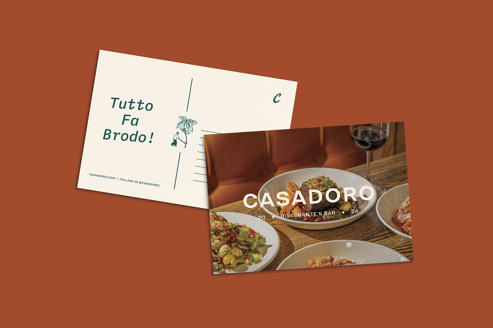 Casadoro menu design featuring a clean layout, distinct color palettes, and custom illustrations.