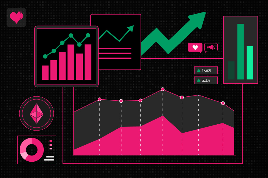 Cryptocurrency charts showing growth with marketing strategy icons
