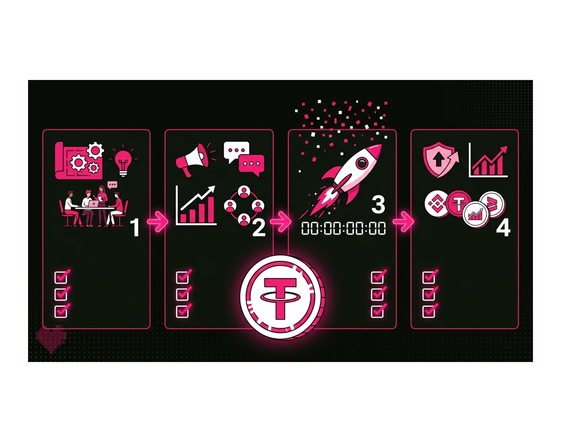 Token launch marketing checklist covering pre-launch, launch day, and post-launch phases