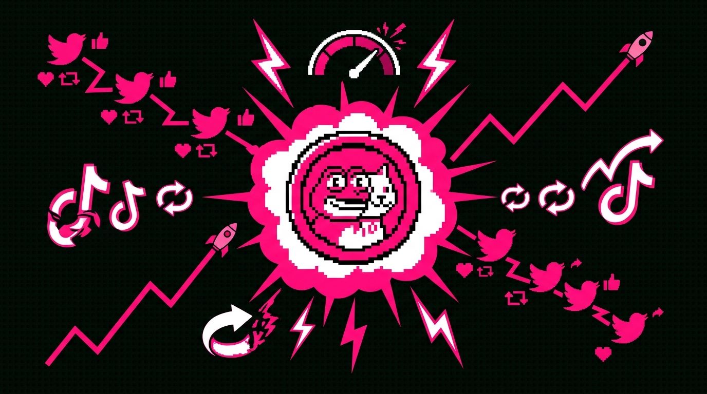 Meme coin marketing viral chart showing memecoin token promotion growth and community explosion