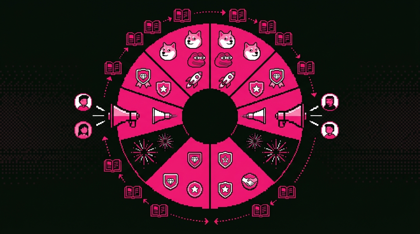 Five meme coin marketing service icons showing viral content, community, influencers, social media, and PR