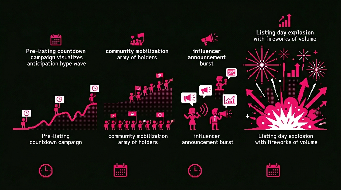 Exchange listing marketing team strategizing CEX listing promotion and DEX launch campaigns