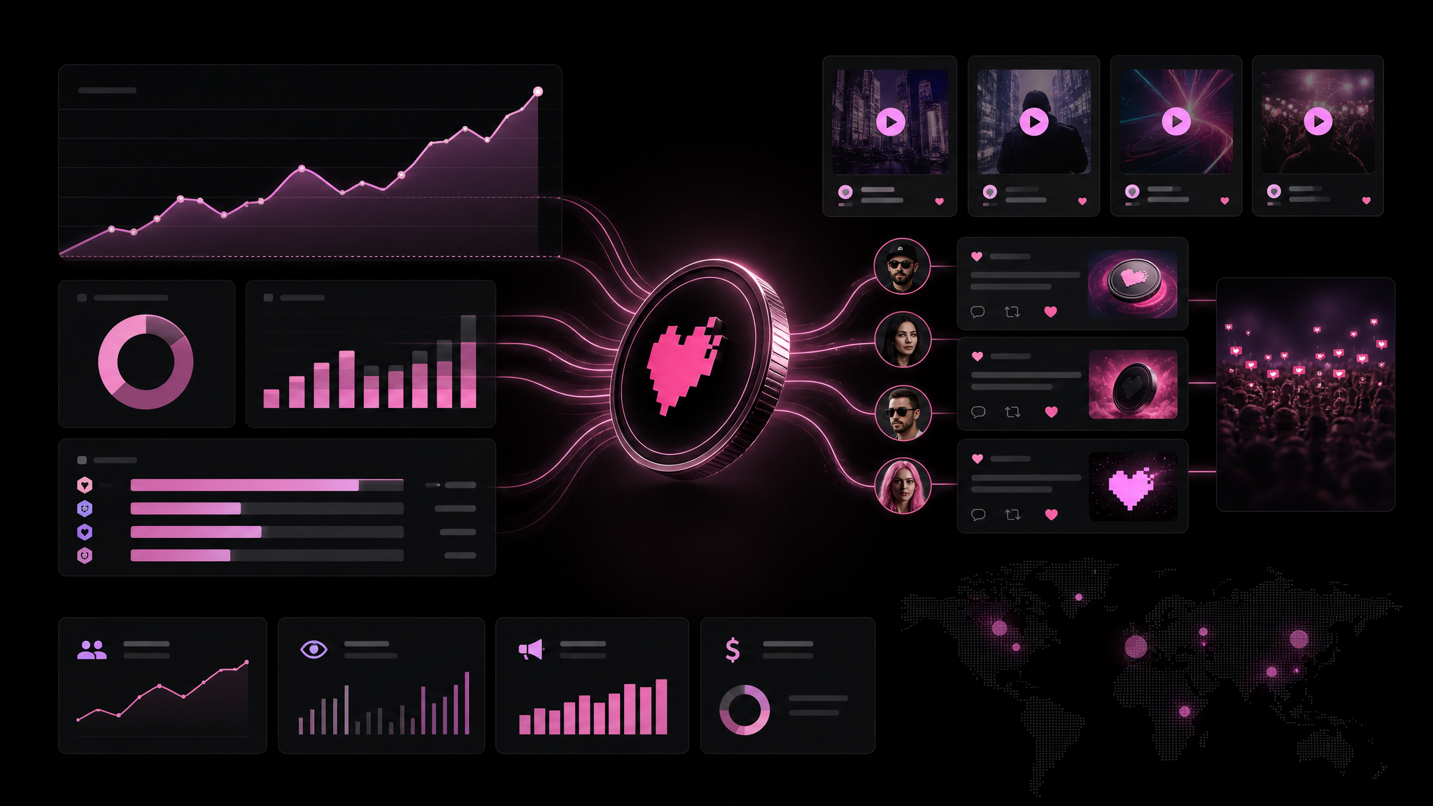 Three crypto clipping campaign tiers — starter sprint, launch standard, and major launch — with target view counts and platform coverage