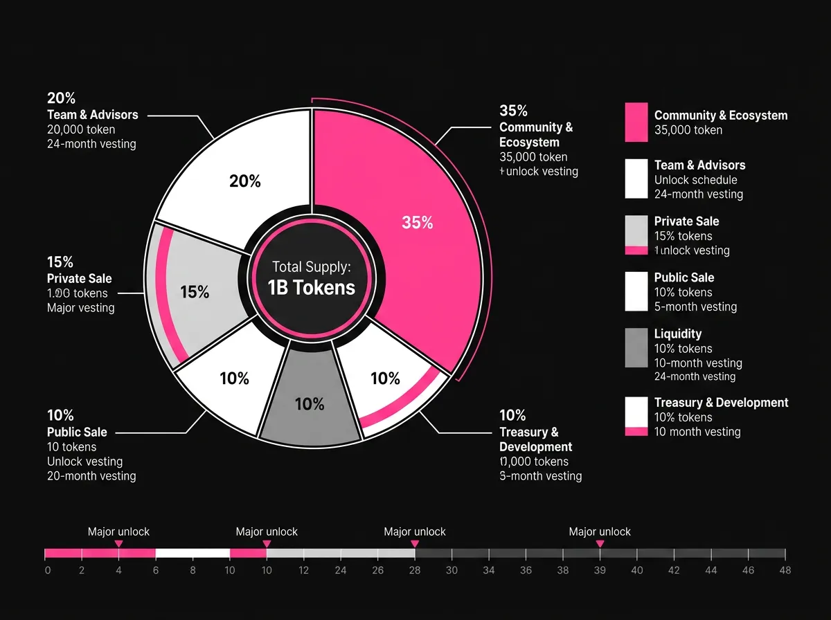 Tokenomics allocation pie chart: 1B token supply across community, team, sale, liquidity and treasury