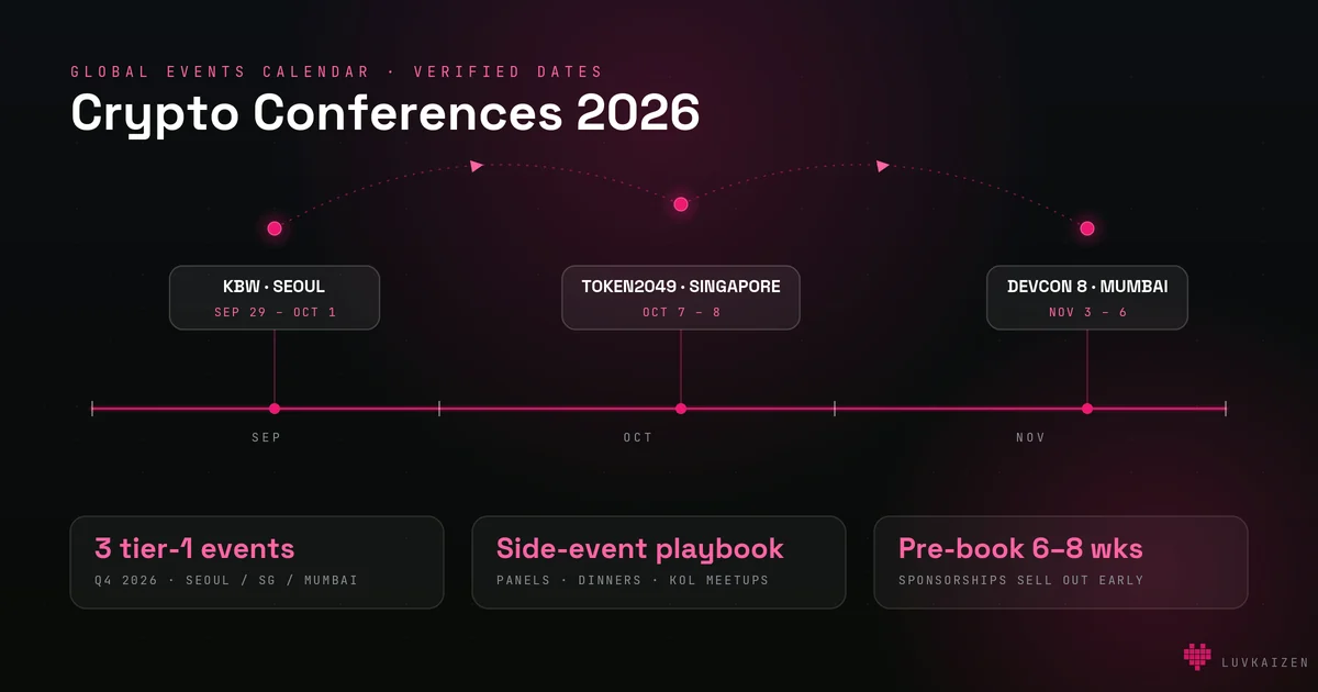 Crypto conferences 2026 timeline — KBW Seoul, Token2049 Singapore, Devcon 8 Mumbai