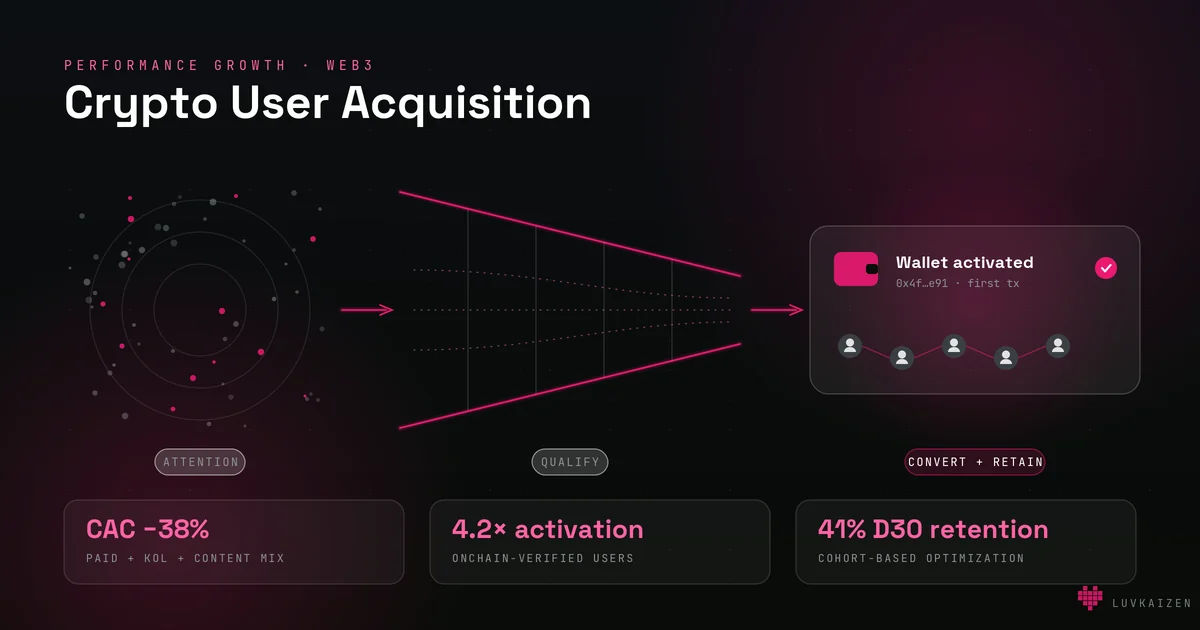 Crypto user acquisition funnel from attention to activated wallets with CAC and retention metrics