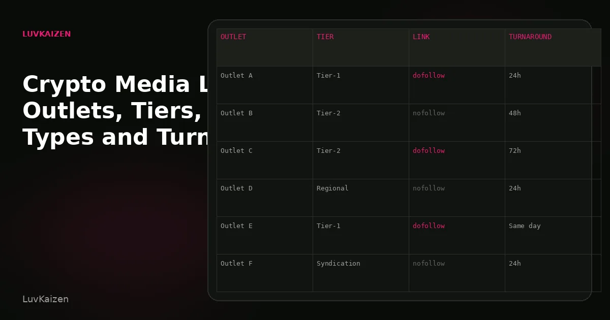 Crypto Media List 2026: Outlets, Tiers, Link Types and Turnaround