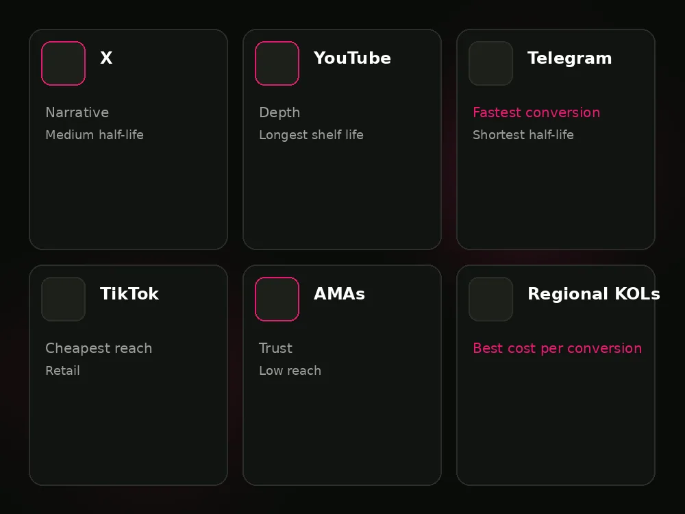 Six types of crypto influencer placement available: X, YouTube, Telegram, TikTok, AMAs and regional KOLs