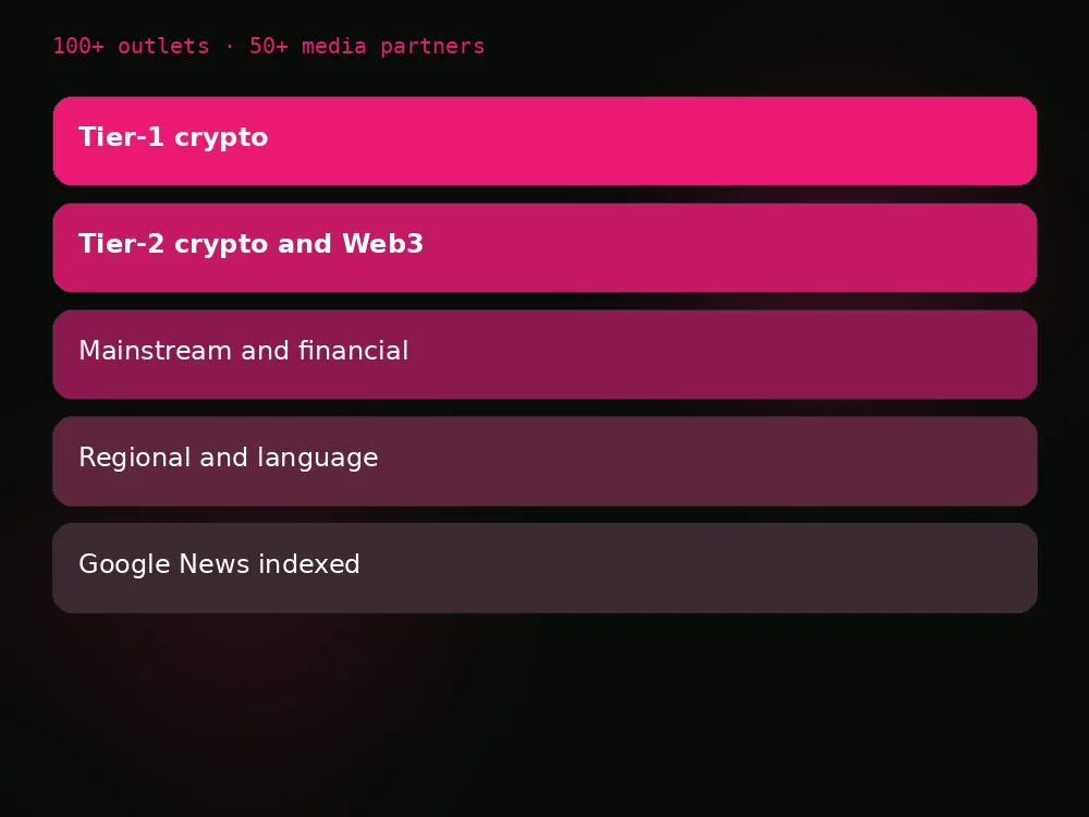 Five categories of outlet in the LuvKaizen crypto PR distribution network