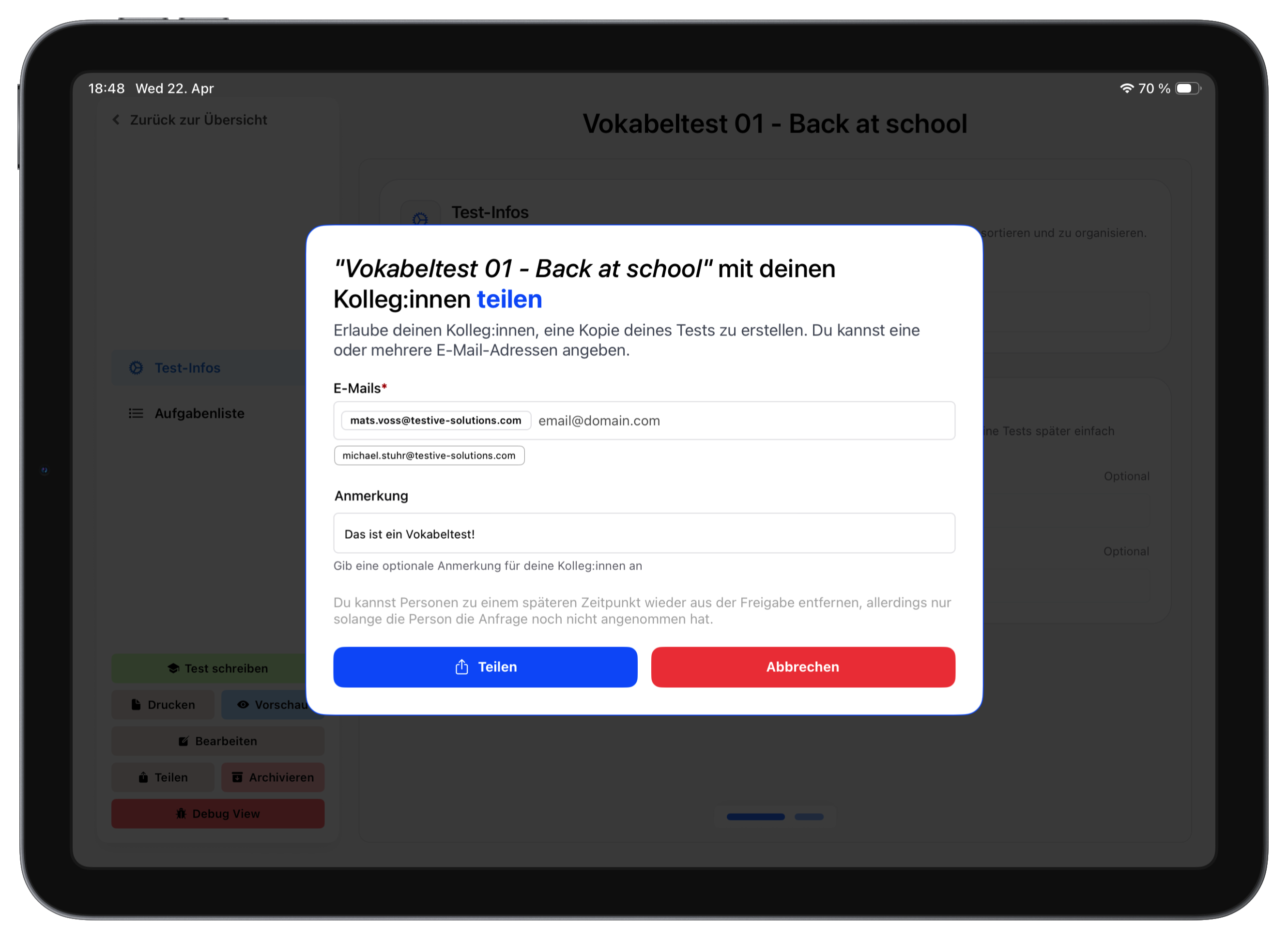 Einen Test mit Kolleg:innen teilen