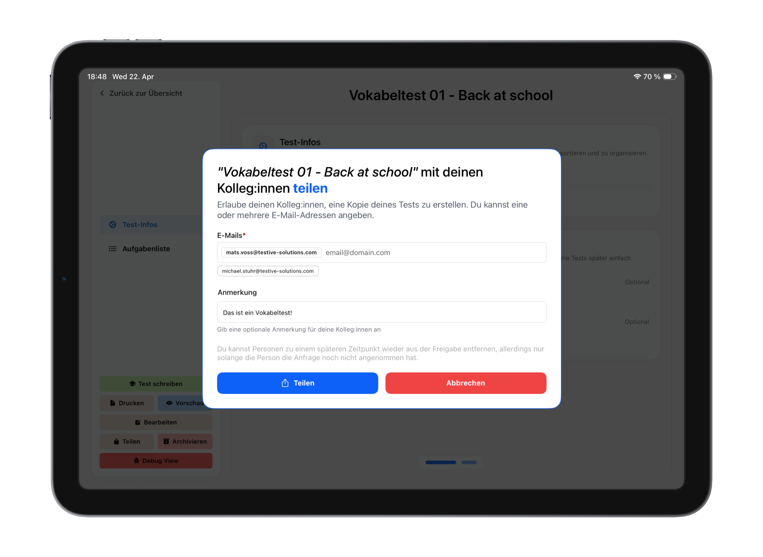 Einen Test mit Kolleg:innen teilen