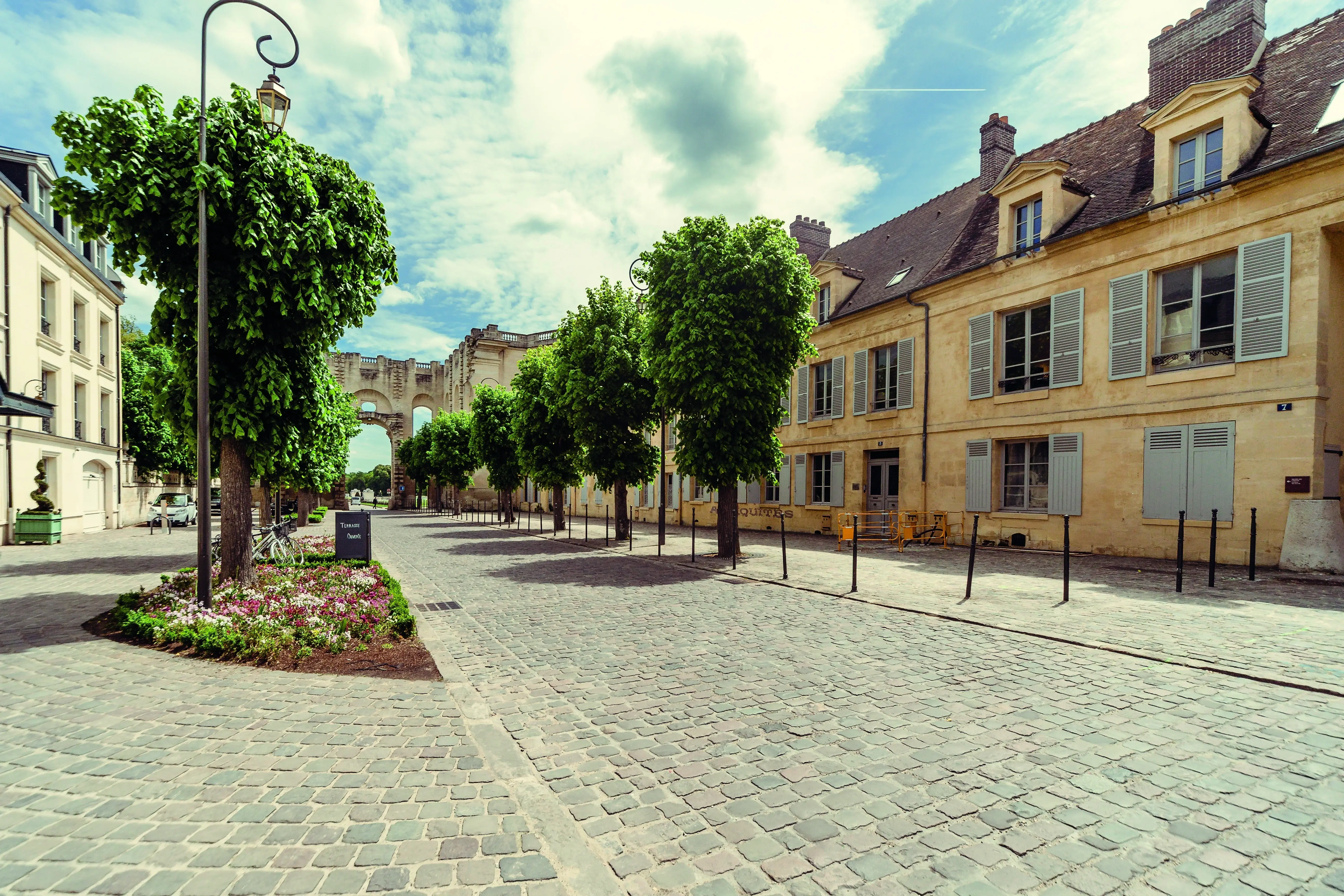 Cobblestone street lined with small, trimmed trees and historic buildings under a partly cloudy sky.
