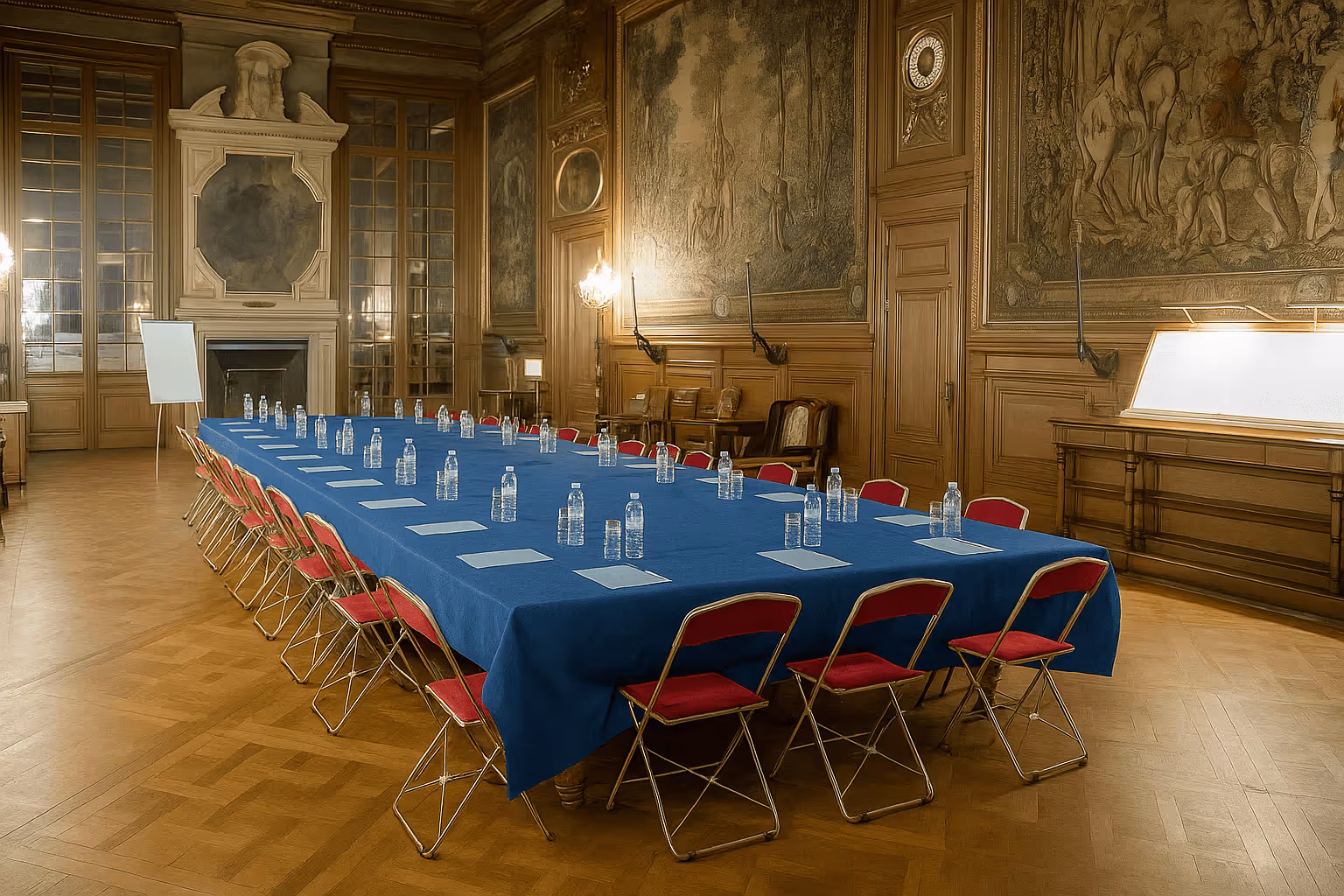 Large elegant conference room with a blue-covered table set with water bottles and papers, surrounded by red chairs, featuring wood paneling and detailed wall murals.