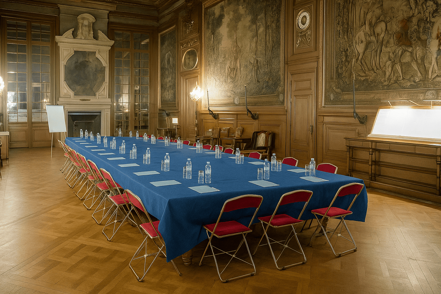 Large elegant conference room with a blue-covered table set with water bottles and papers, surrounded by red chairs, featuring wood paneling and detailed wall murals.