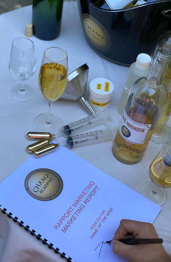 Person signing a wine marketing report on a table with wine bottles, tasting glasses, syringes, a funnel, and a Champ Academy bucket.