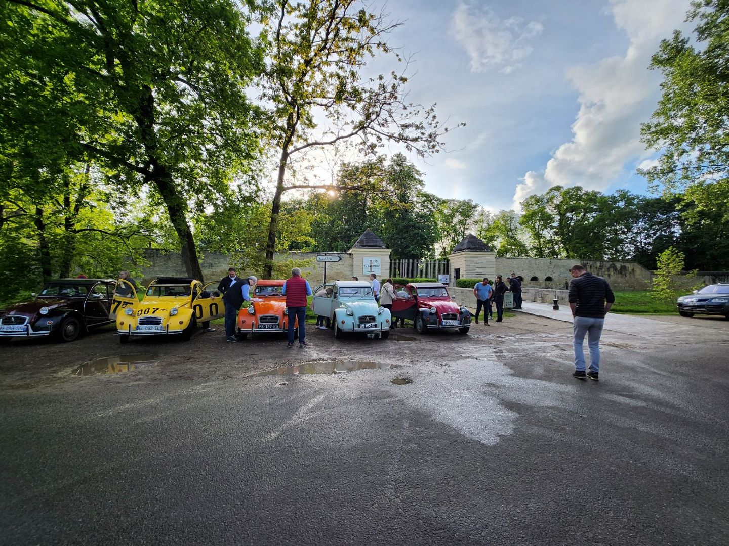 Group of colorful vintage Citroën 2CV cars parked with people standing and chatting in a leafy outdoor setting near old stone buildings.
