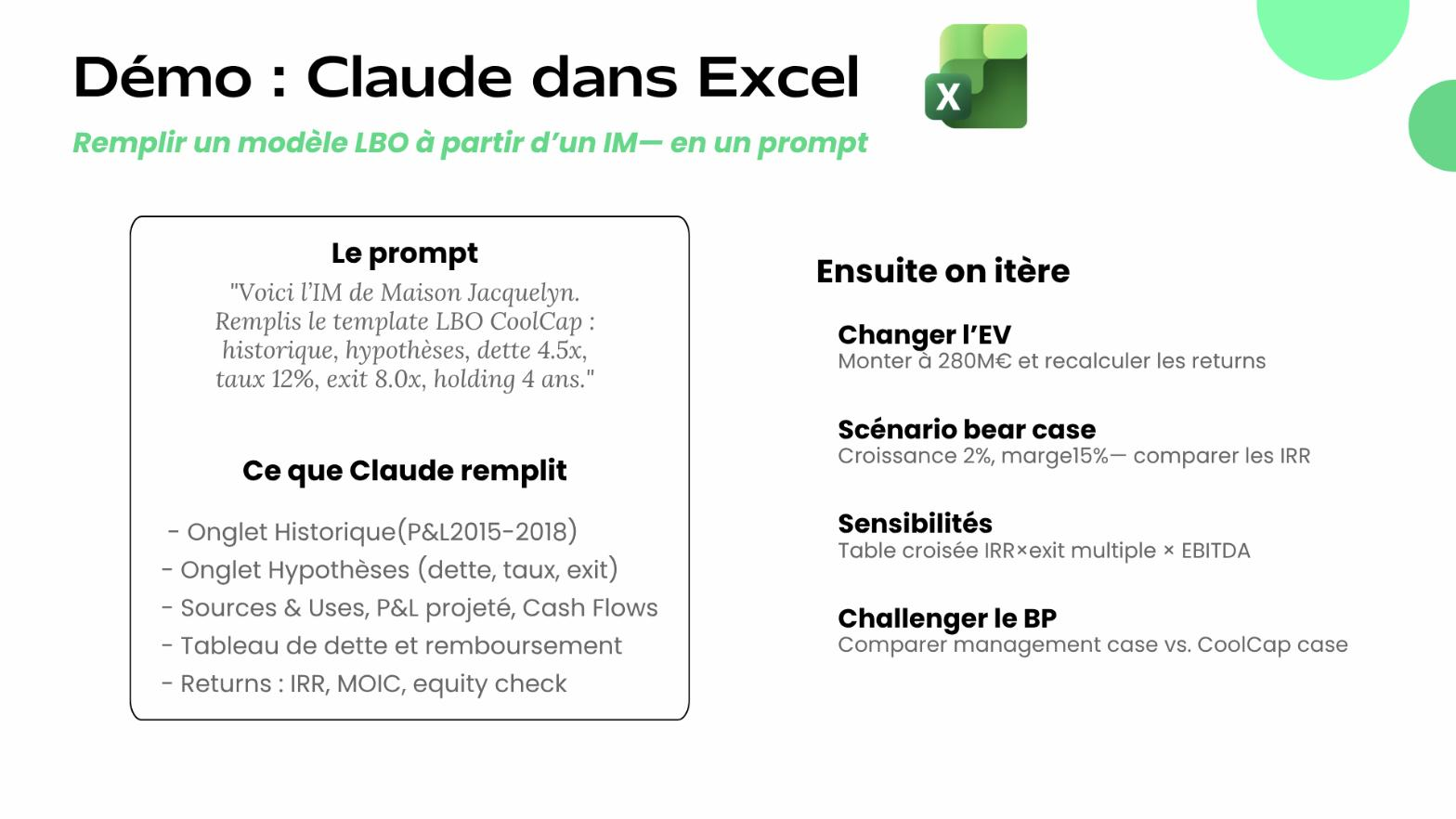 Slide de formation Time2AI : le prompt qui remplit un modèle LBO dans Excel et les itérations qui suivent