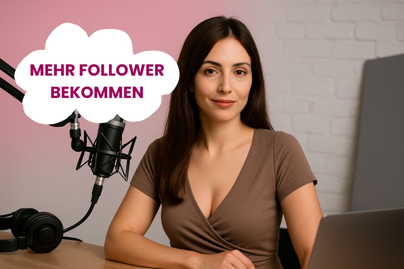 Junge Frau mit braunen Haaren und braunem Oberteil sitzt vor Mikrofon und Laptop in Podcast-Setting – Hero-Bild für Blog über OnlyFans Follower gewinnen