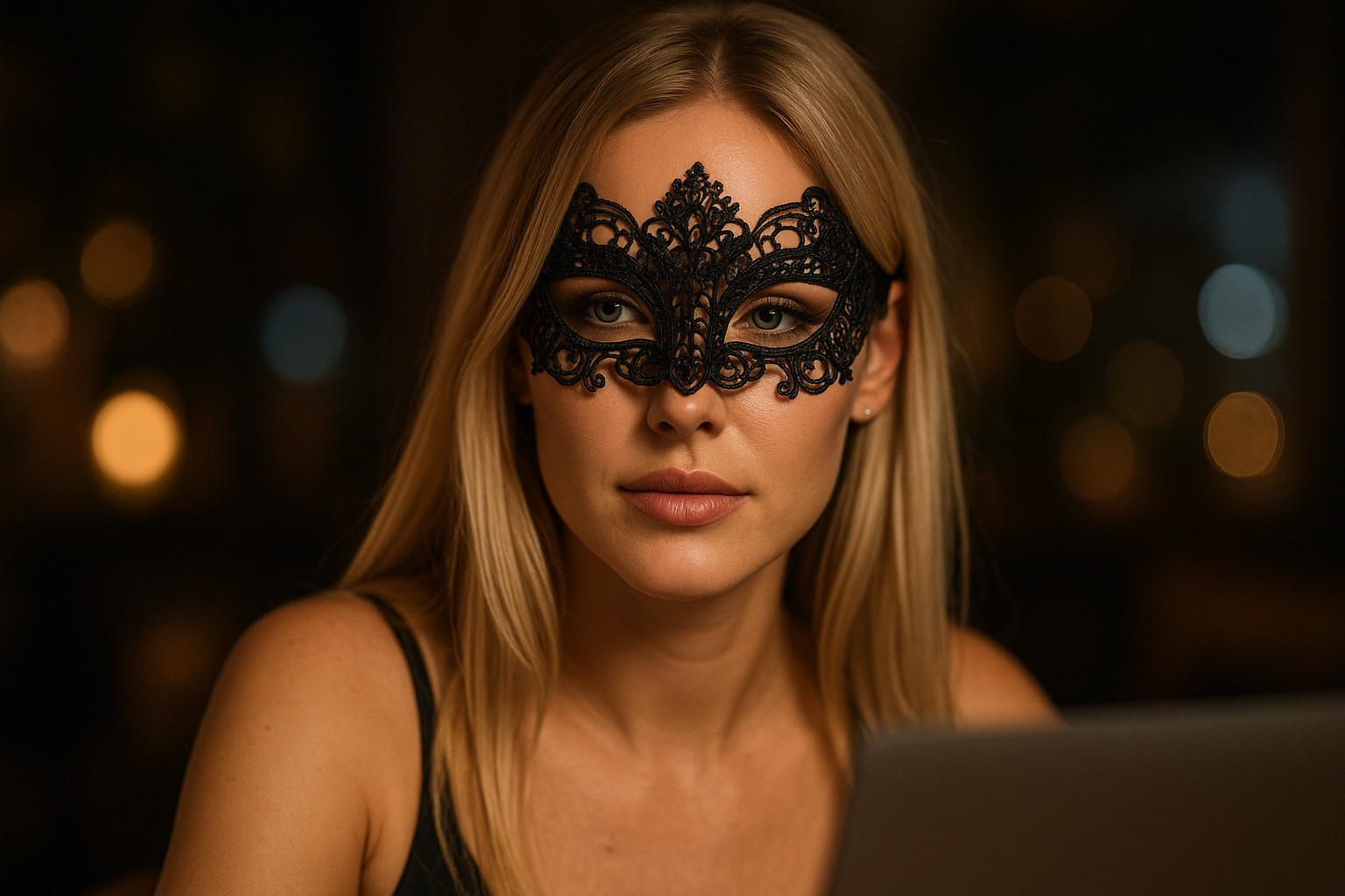 Blonde woman with black lace mask works anonymously on laptop - focus on identity protection and discreet use of OnlyFans