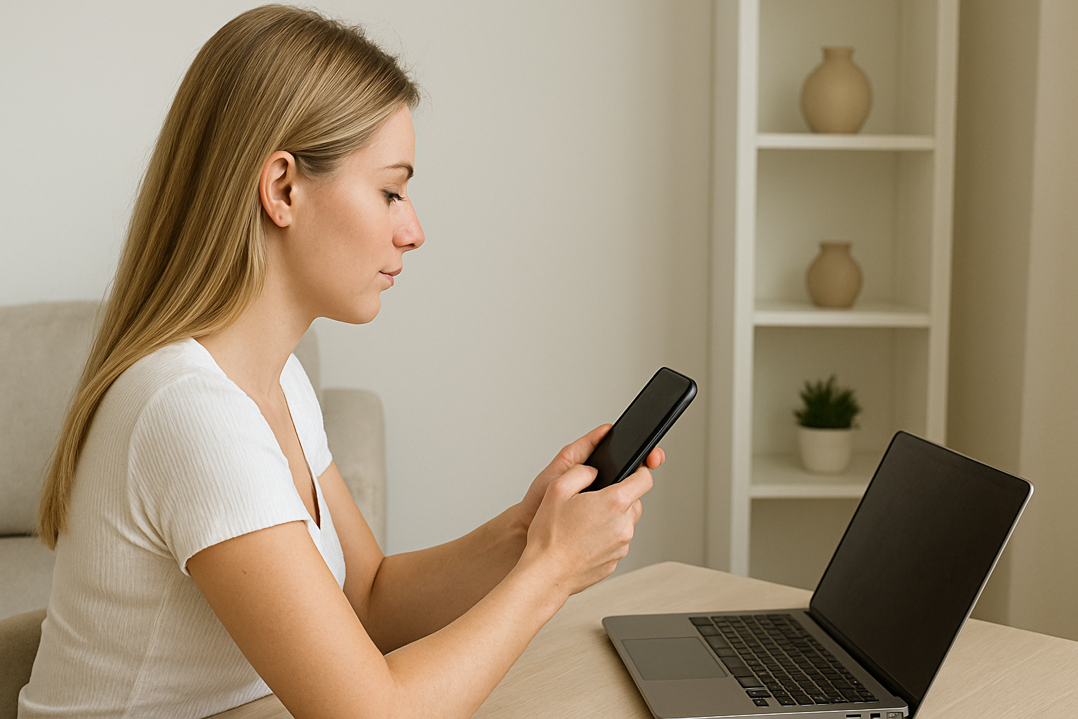 Eine blonde Frau arbeitet als Chatterin und verdient dabei Geld.
