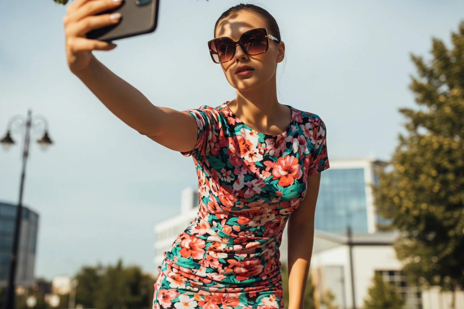 Deutsche Influencerin mit Sonnenbrille und Schatten im Gesicht