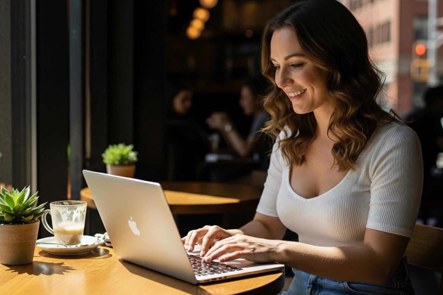 Influencerin im Café am Laptop. Community-Interaktion und Only-Fans-Alltag