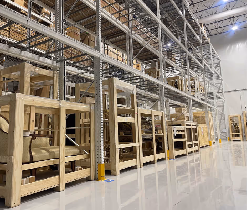 Managed climate controlled open racking storage for fine art collections and custom transport fabrications at Atelier Fine Art Services in New Castle, Delaware..