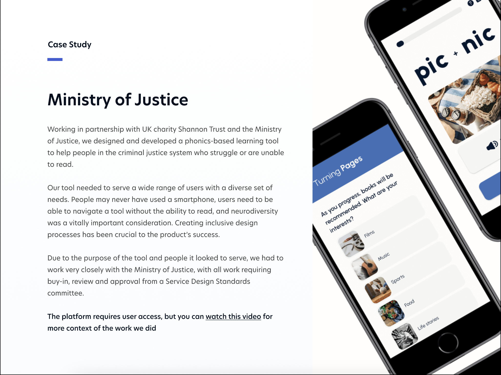 Case study for a Ministry of Justice phonics-based learning tool, showing the project description alongside mobile phone screens displaying the tool's interface for book recommendations and interests.