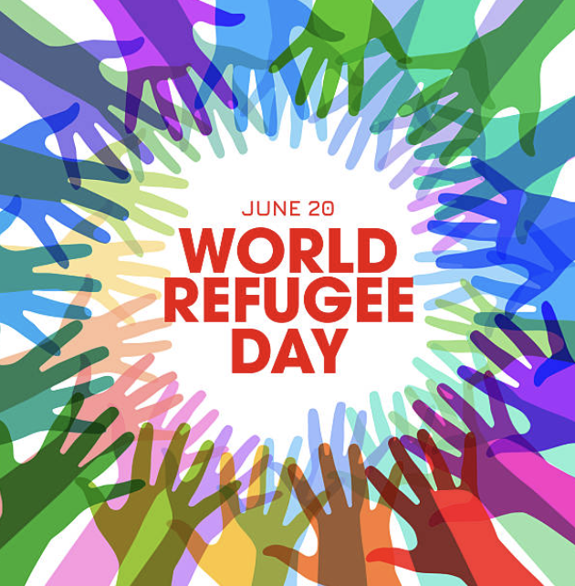 An image of colourful hands arranged in a circle, representing the diverse backgrounds of refugees around the world. In the centre, a sign reads: 'June 20 World Refugee Day'.
