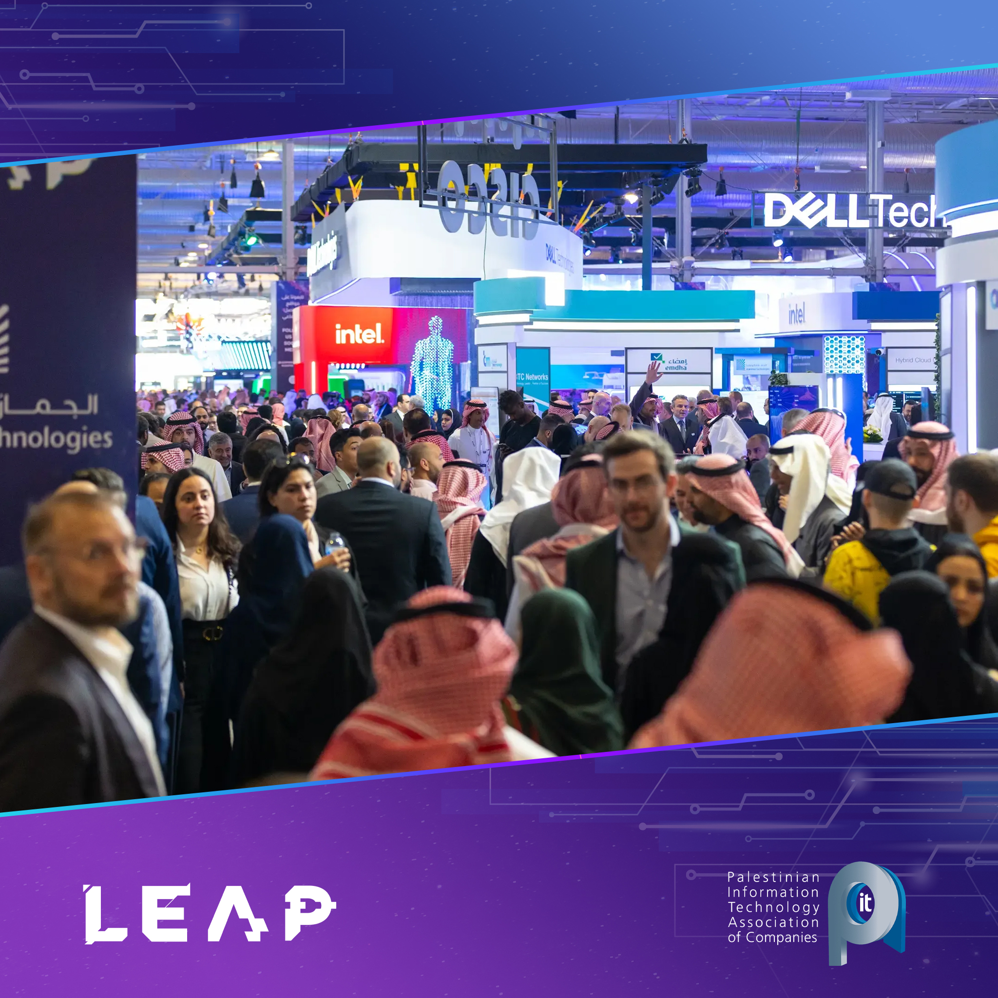 A photograph of a crowded, busy technology convention floor or exhibition hall, likely LEAP, with many attendees moving between booths. The attendees are dressed in both business attire and traditional Middle Eastern clothing. In the background, large signs and displays are visible, including those for Dell Technologies and Intel. Overlaid on the image in the bottom left corner is the word "LEAP" and in the bottom right corner is the logo and name for the "Palestinian Information Technology Association of Companies." The image has a blue and purple geometric digital border.