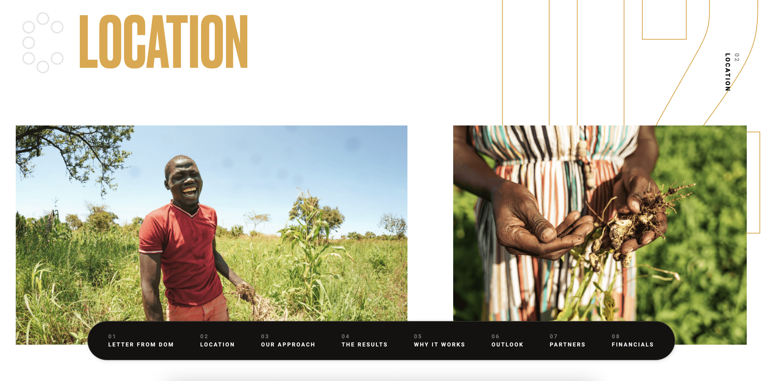 Section of a report titled 'LOCATION', featuring two images: a smiling African farmer in a red shirt standing in a field of crops, and a close-up of a person's hands holding plant roots.