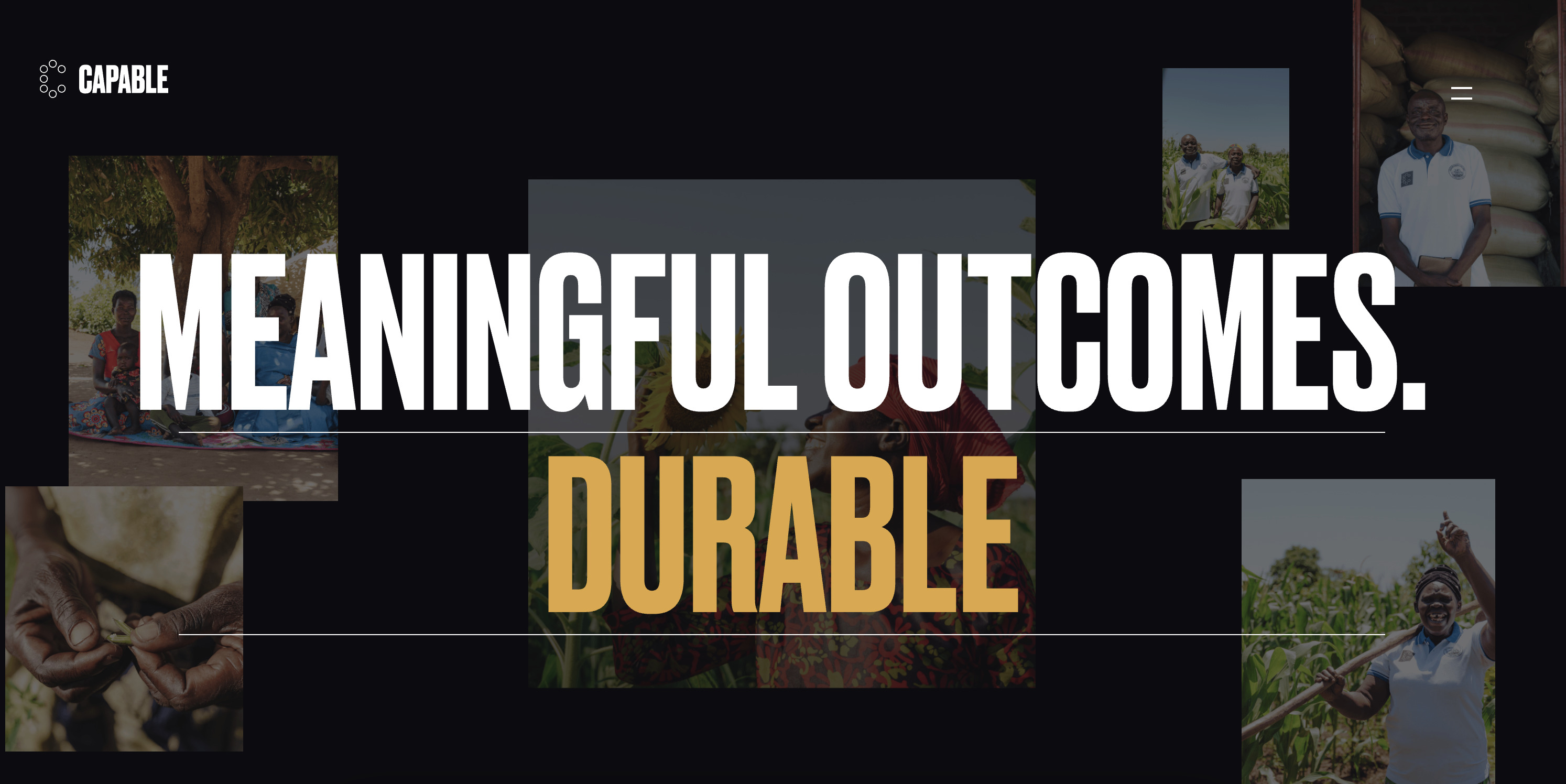 Website banner for the CAPABLE organization featuring the bold white text 'MEANINGFUL OUTCOMES' and large yellow text 'DURABLE', overlaid on a collage of small photos showing African farmers working with crops and smiling for the camera.