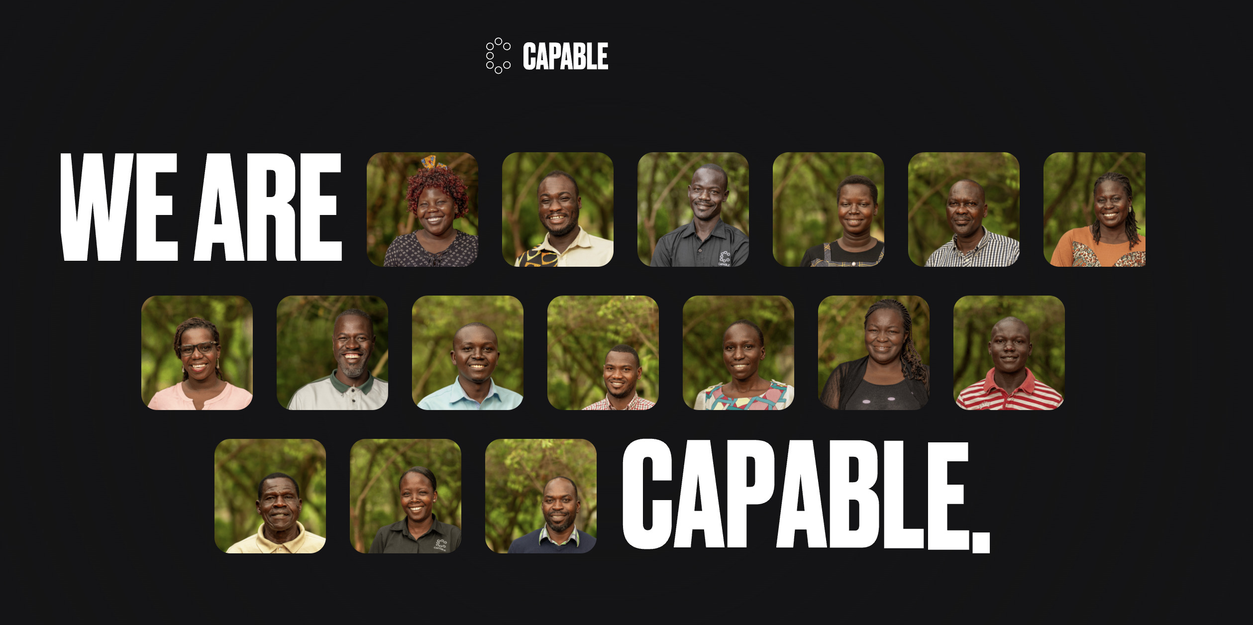 Team photo collage for the CAPABLE organization featuring headshots of fifteen smiling African staff members, with large white text spelling out 'WE ARE CAPABLE' on a black background.