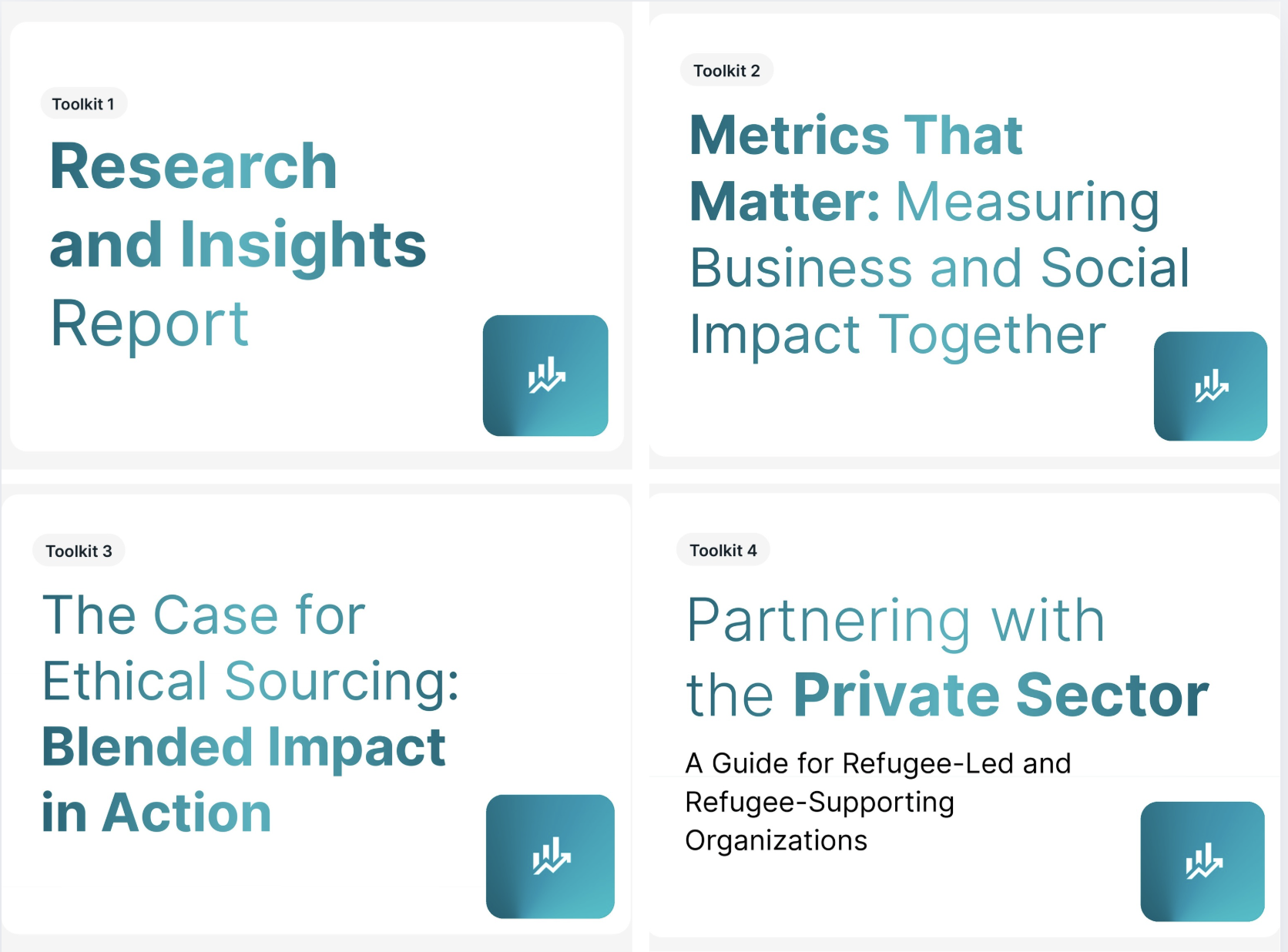 A grid of four toolkits. Toolkit 1 is "Research and Insights Report." Toolkit 2 is "Metrics That Matter: Measuring Business and Social Impact Together." Toolkit 3 is "The Case for Ethical Sourcing: Blended Impact in Action." Toolkit 4 is "Partnering with the Private Sector: A Guide for Refugee-Led and Refugee-Supporting Organisations." Each has a small square icon in the corner.