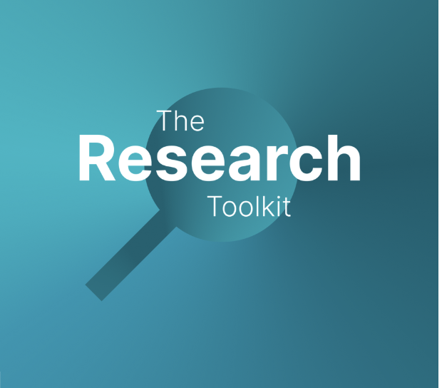 A close-up graphic featuring the title "The Research Toolkit" in white text. The words are overlaid on a translucent, circular magnifying glass silhouette, all set against a rich, fading blue and teal