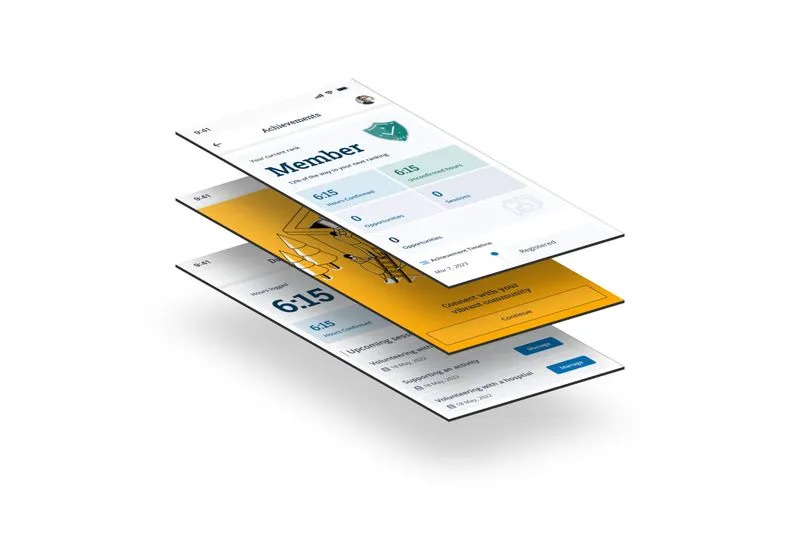 A perspective view of three layered mobile screens, suggesting different stages or layers of a single application. The top layer shows a user's "Achievements" dashboard with a rank, confirmed hours, and an achievement timeline. The middle and bottom layers show different sections of the app, including an onboarding screen and upcoming activities.