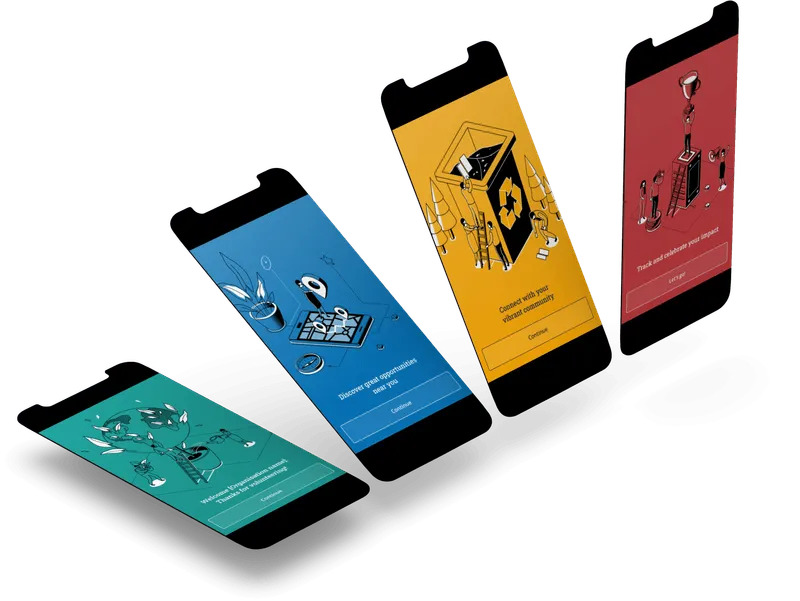 Four tilted mobile phone screens displaying an application's onboarding process. Each screen features a unique colour (green, blue, yellow, red) and a custom line-art illustration, along with a brief description and a "Continue" button, such as "Discover great opportunities near you" and "Connect with your vibrant community."
