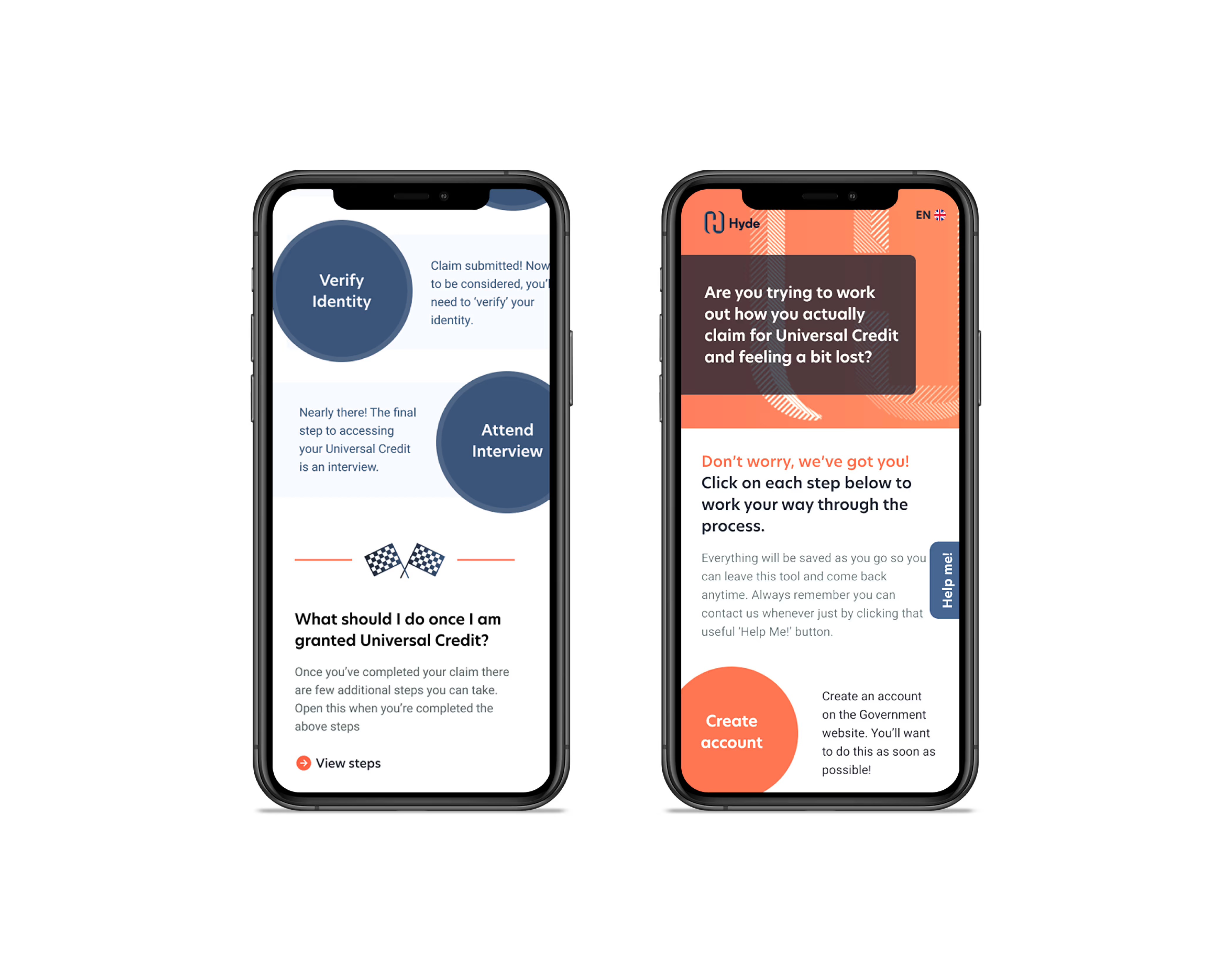Two mobile phone screens displaying a step-by-step guidance tool for claiming Universal Credit. The left screen outlines key milestones like "Verify Identity" and "Attend Interview." The right screen provides encouraging text and instructions to click on steps, with a prominent action button to "Create account." Both screens use a dark blue, orange, and white colour scheme.