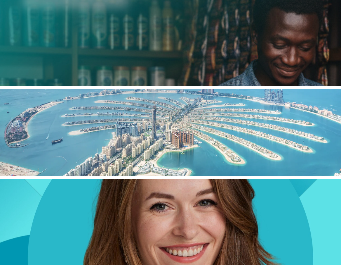 Collage of three EqualReach press images, including a smiling person, an aerial view of the Palm Jumeirah in Dubai, and a close-up headshot of a smiling woman.