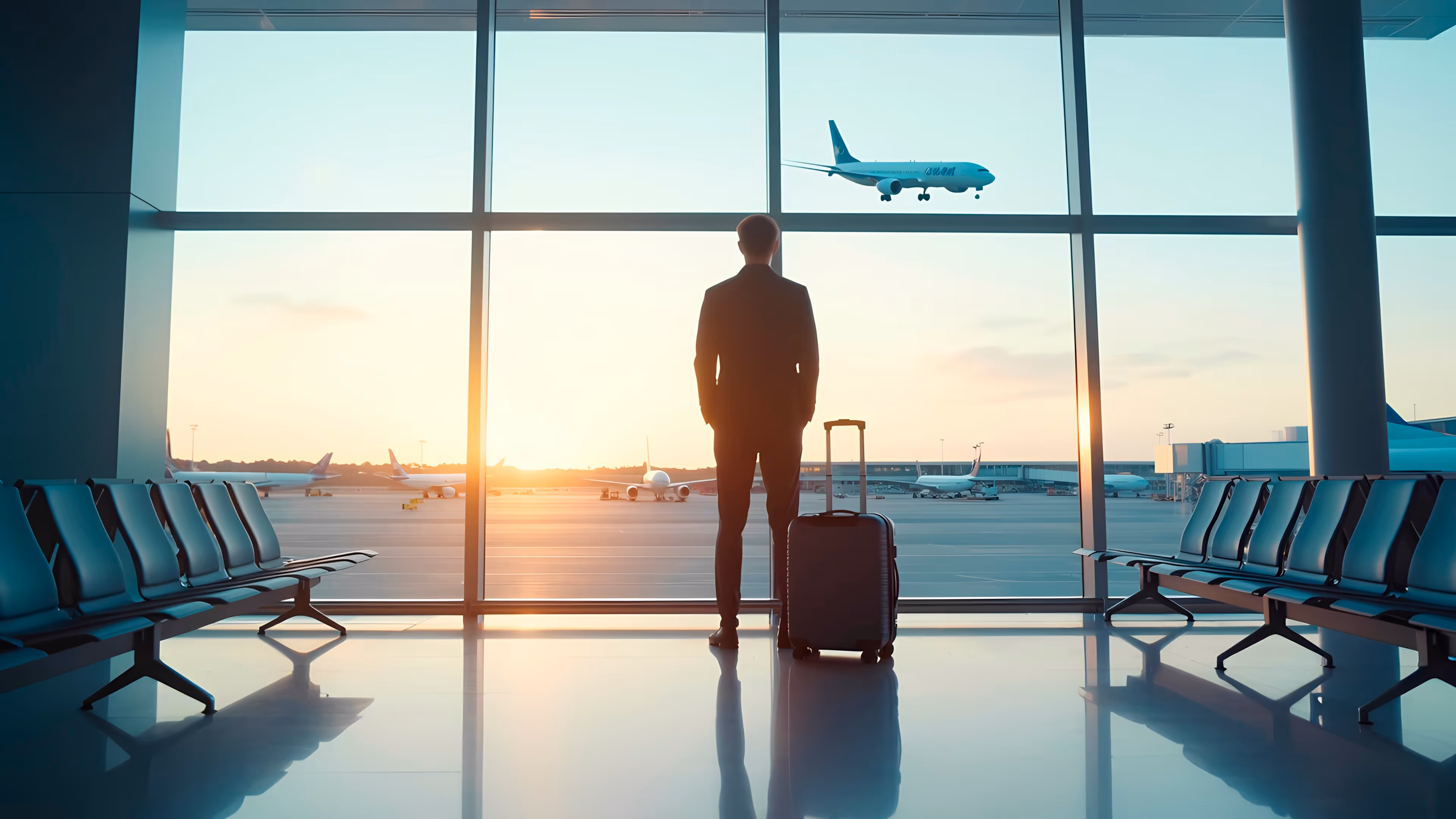 Man with luggage Standing looking at a plane taking off from an airport terminal window at sunset 