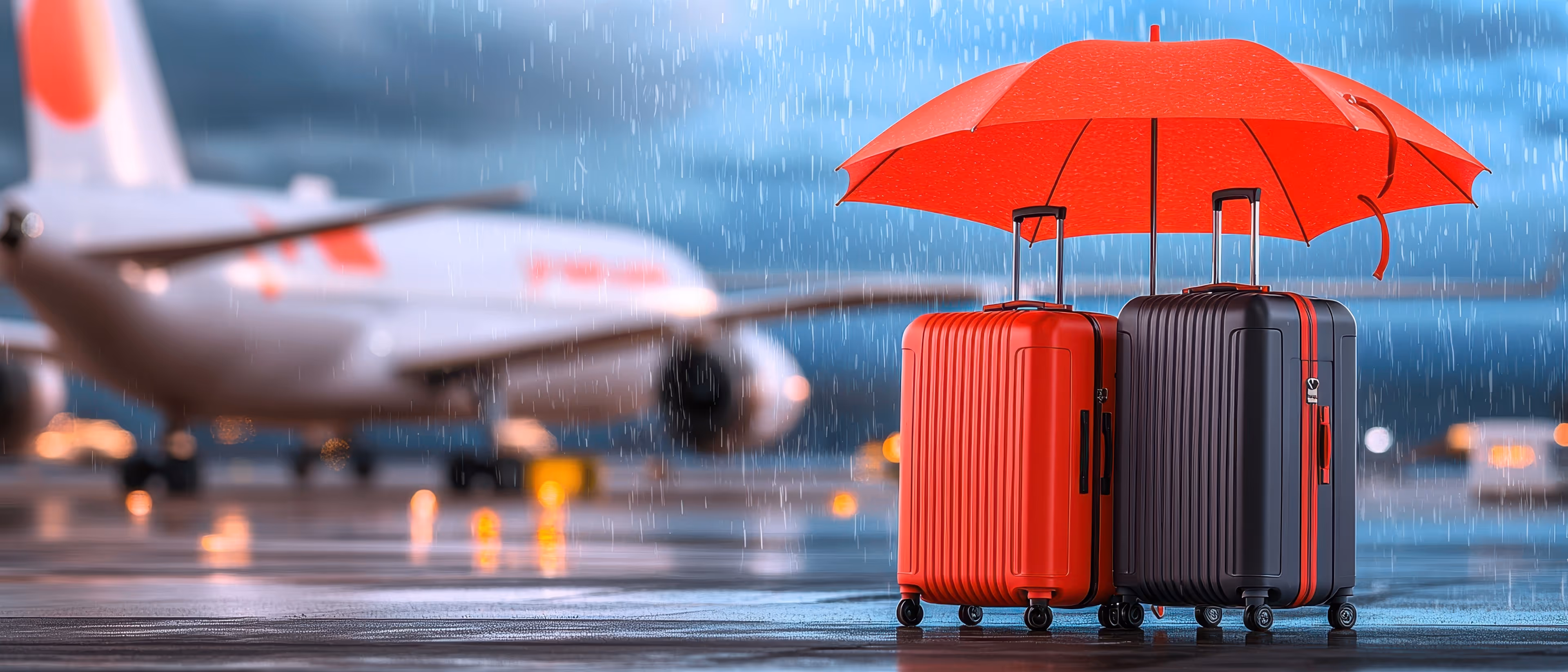 Insurance and Security, Protection, Safety. Two suitcases under a red umbrella at an airport during rain, with a plane in the background.