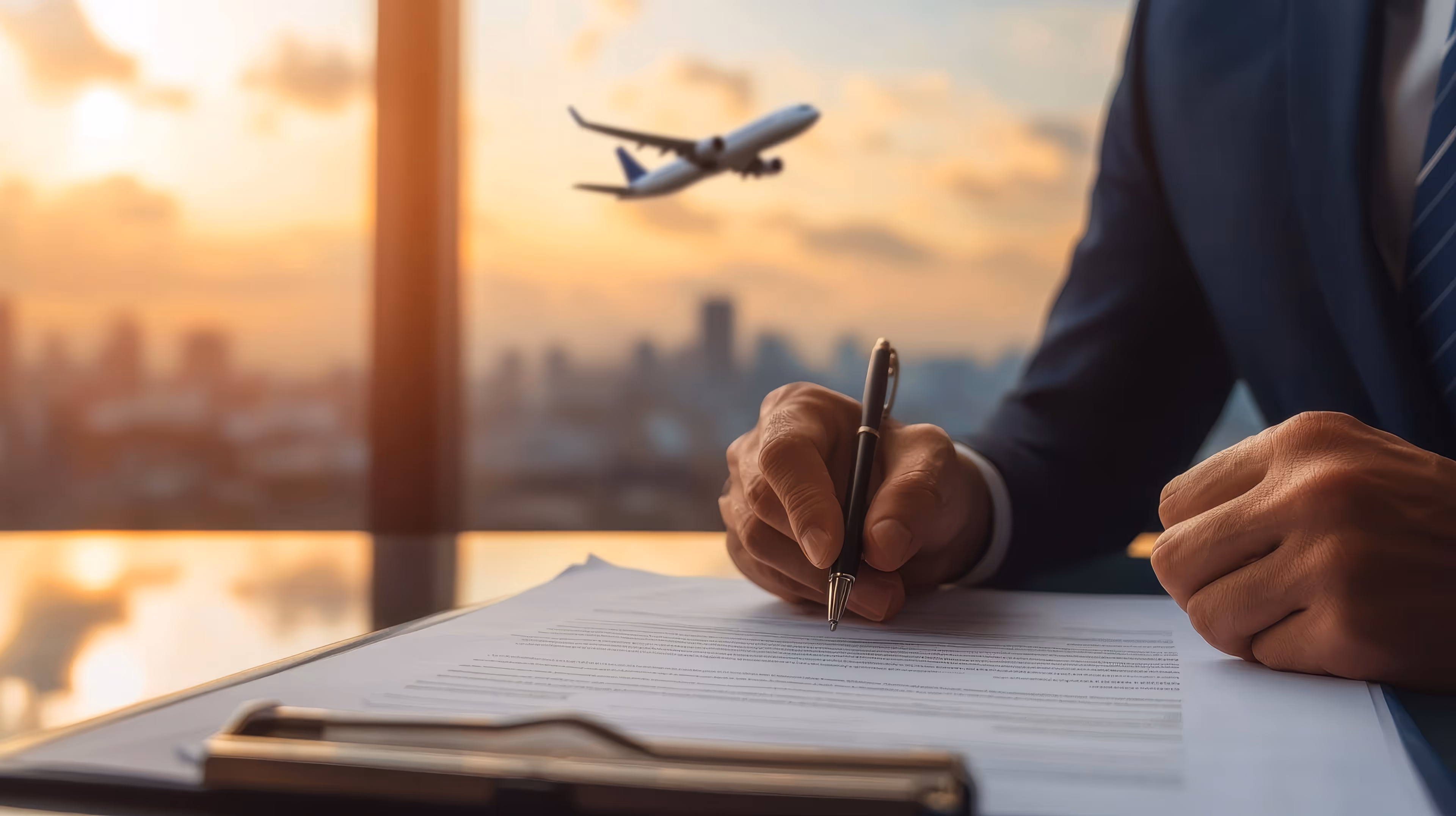 businessman is signing aeroplane insurance document while plane flies in background, symbolizing connection between travel and business.