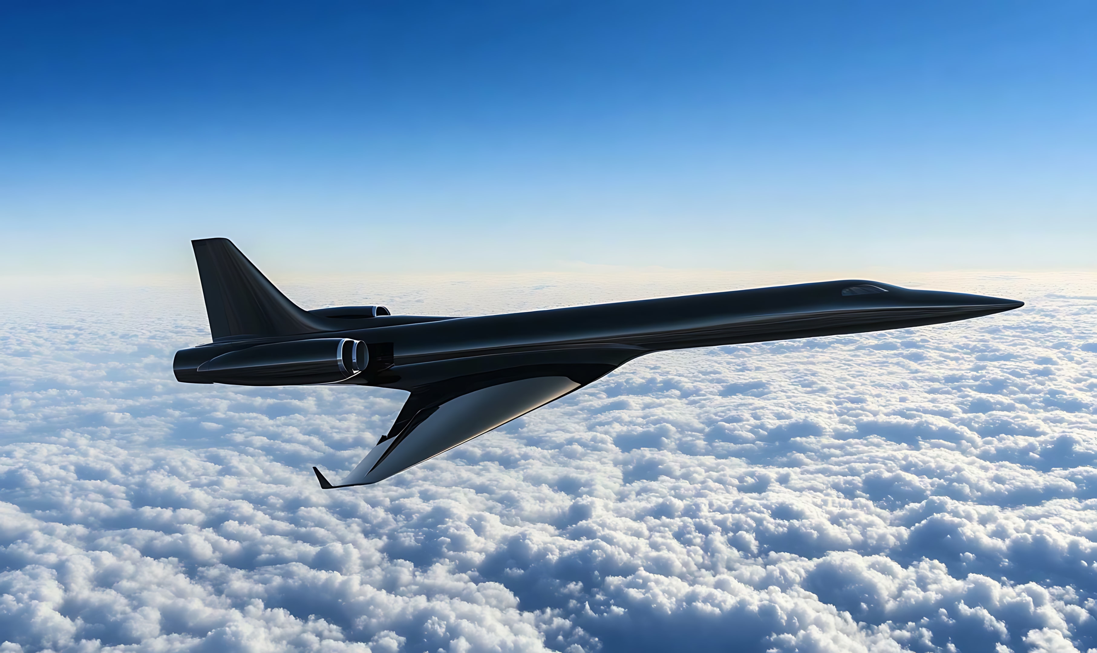 A sleek black aircraft soars above a sea of fluffy clouds, its design suggesting speed and advanced technology in a clear blue sky setting.
