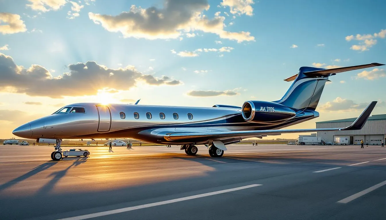 An image showcasing a sleek personal jet, soaring through the clear blue skies, symbolizes the freedom and luxury of private aviation. The aircraft is designed for optimal flight performance and safety, highlighting the advancements in electric aircraft technology for a more sustainable flying experience.