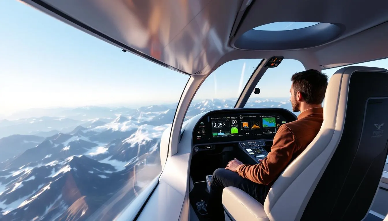 In the image, a modern personal aircraft is showcased, highlighting its advanced safety systems and sleek design, including carbon fiber components. The aircraft, designed for optimal flight performance, symbolizes the freedom and confidence of flying in the skies.
