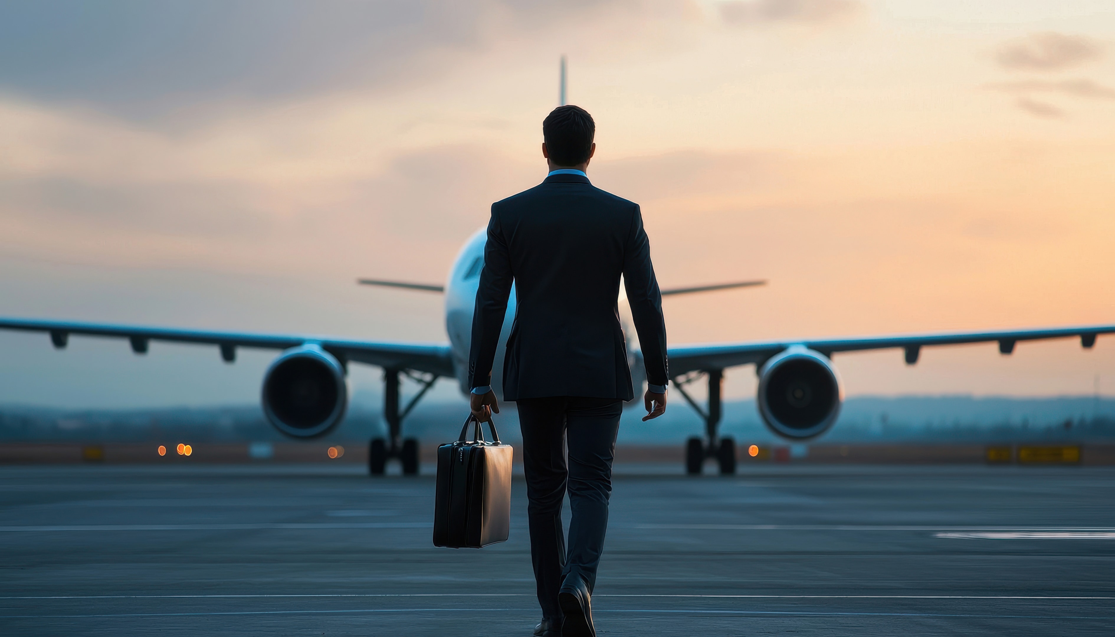 businessman walks confidently towards aeroplane, holding briefcase