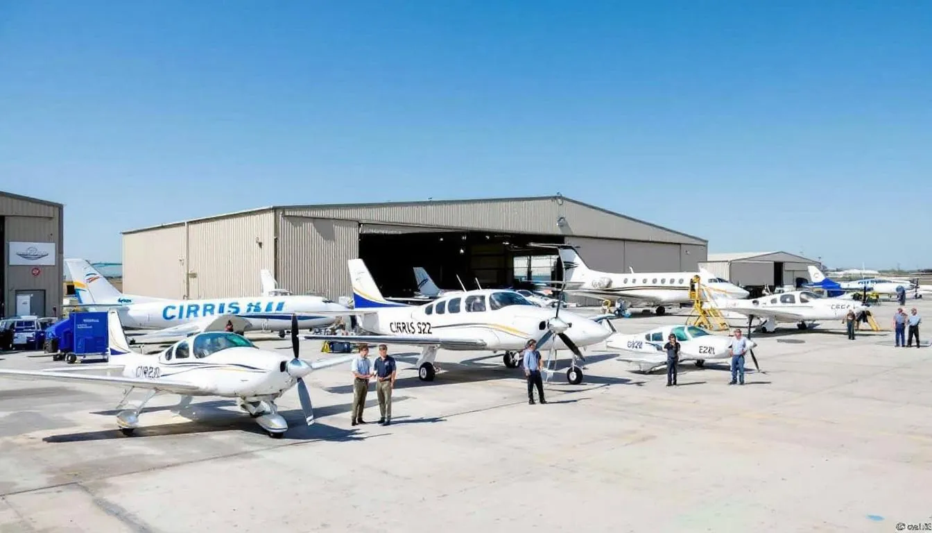 In the image, several sleek Cirrus aircraft models are parked at an airbase, showcasing the modern designs of personal aviation. The prominent Cirrus Vision Jet stands out, highlighting the benefits of ownership and access for both professional pilots and non-pilots alike.