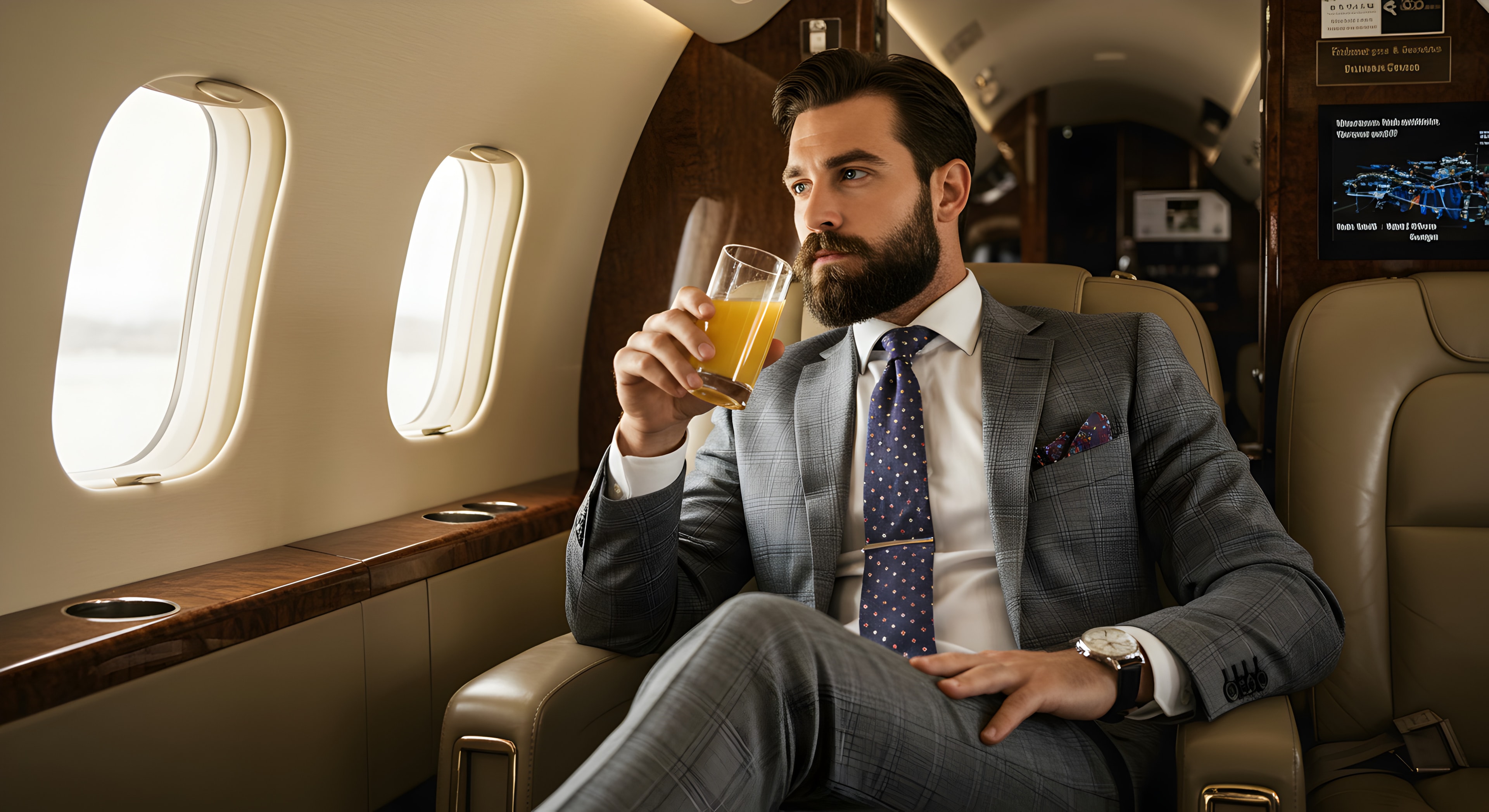 Elegant Bearded Man in Patterned Suit Sipping Orange Juice Inside Private Jet with Wood Accents and Plush Seating