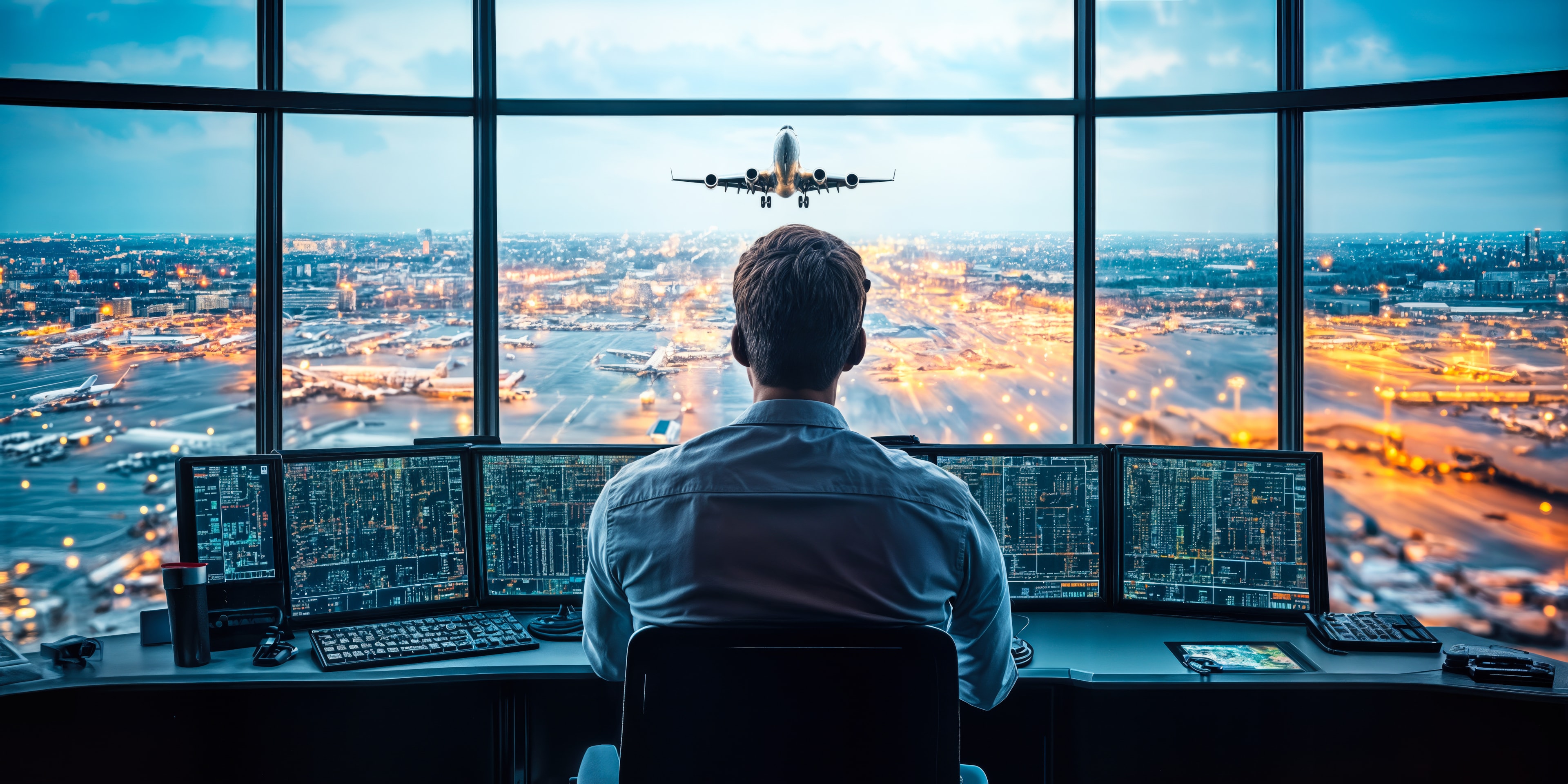 Air Traffic Controller Overseeing Airplane Takeoff in Control Tower at Airport for Flight Safety and Transportation Management