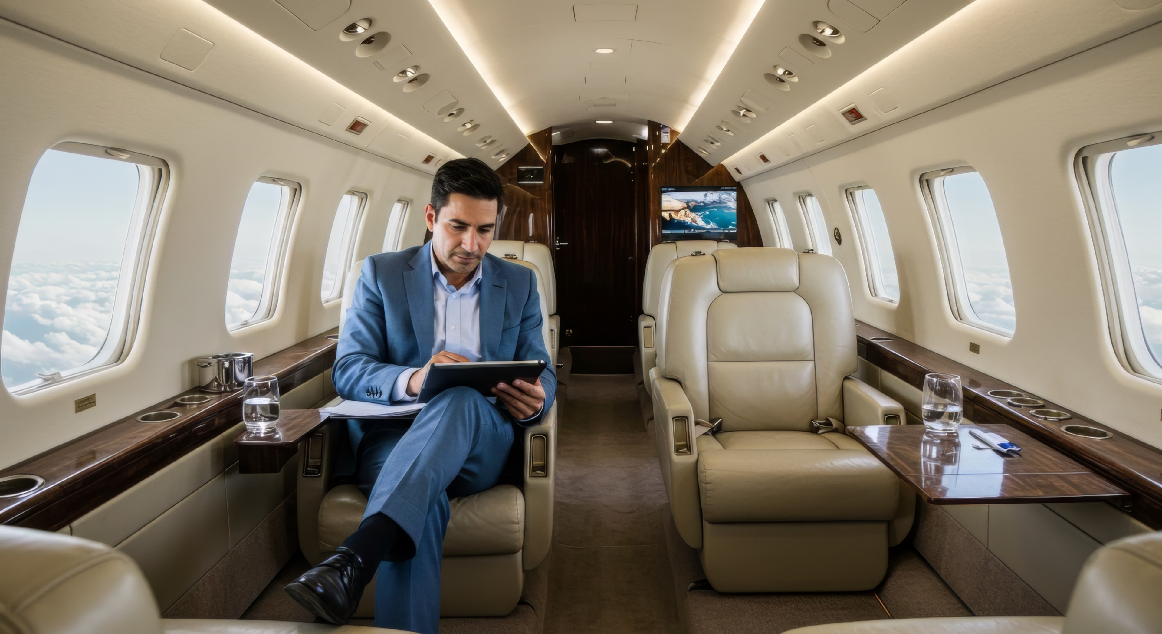 Business executive working on tablet in luxurious private jet cabin above the clouds